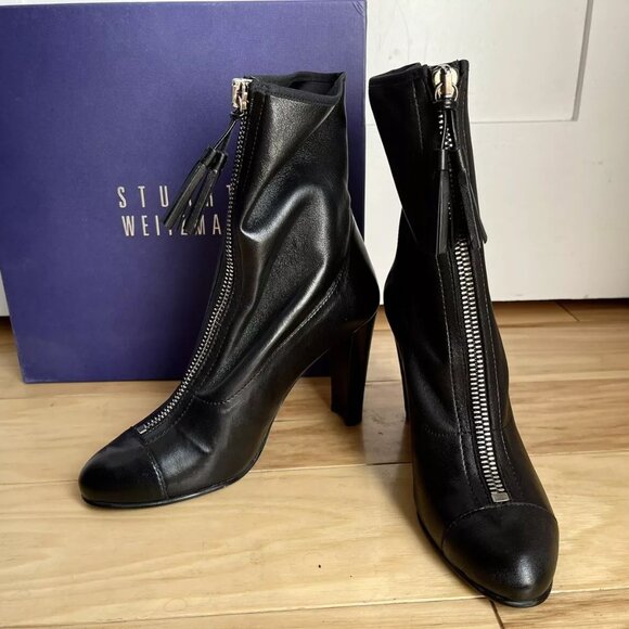 NIB $595 STUART WEITZMAN Front Zip Black Stretch Leather Bootie Heel Boot 7.5 M - Picture 2 of 8
